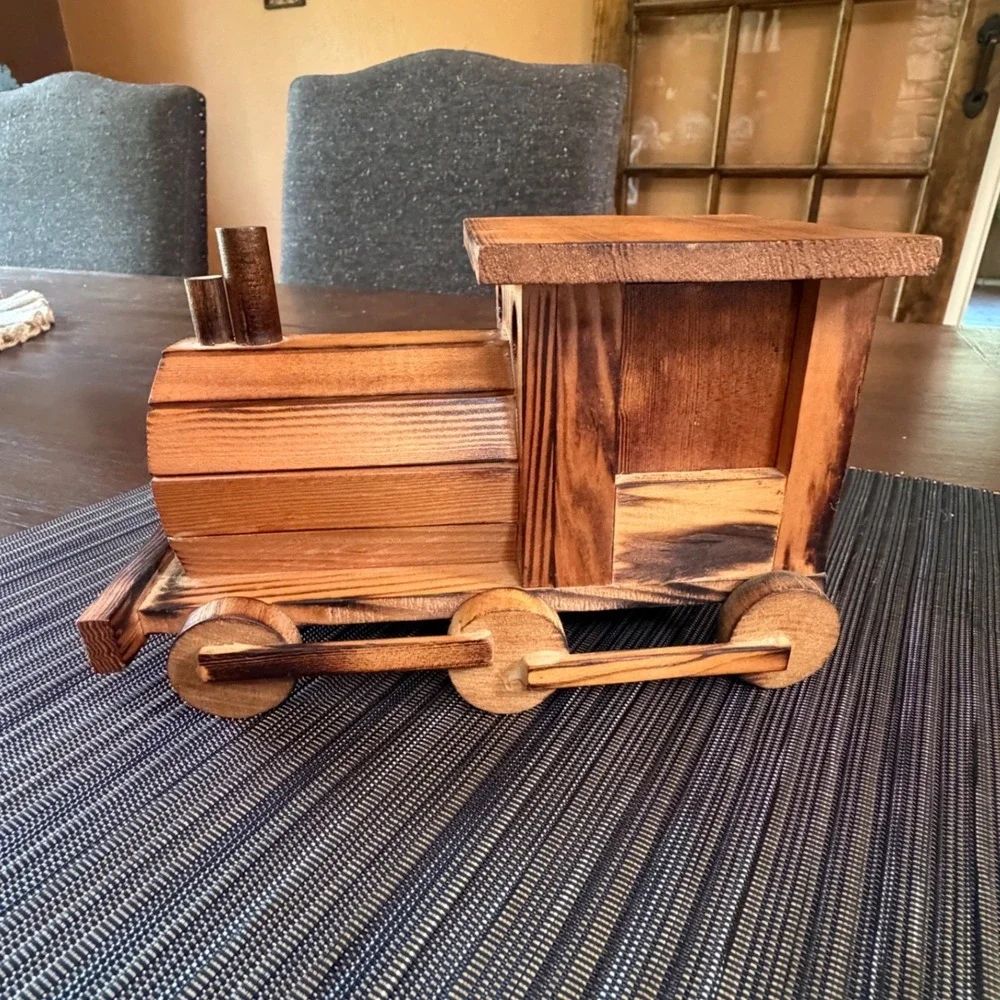 Vintage Wooden Train Locomotive Coaster Set Rustic Caddy 7 Piece